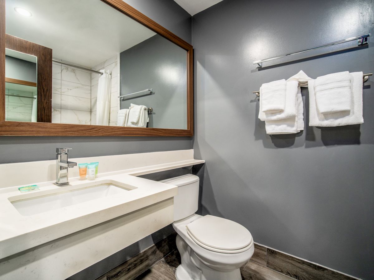 This image shows a modern bathroom with a large mirror, sink, toilet, and neatly folded towels on a rack.