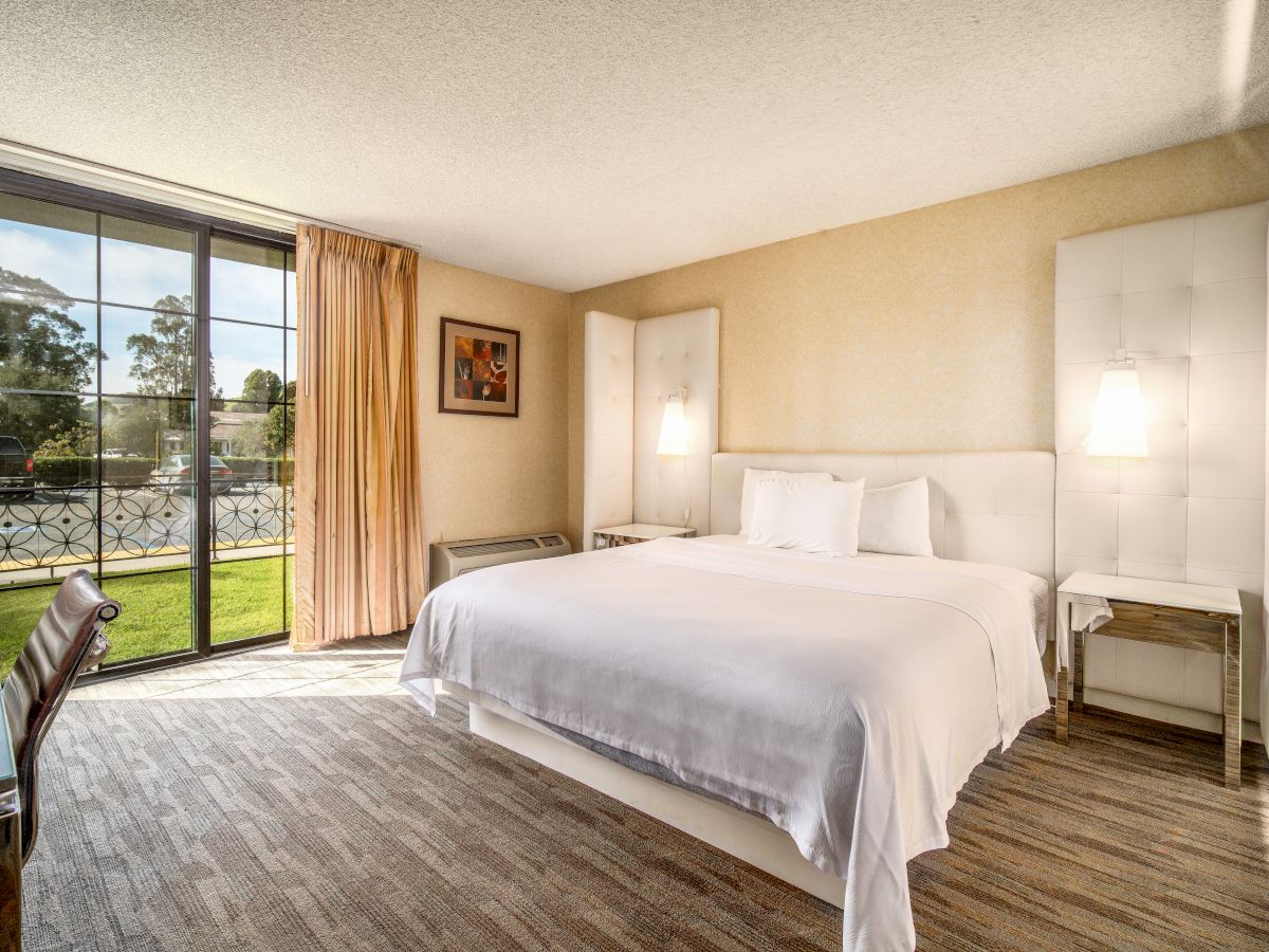 A bright, modern hotel room with a large bed, white linens, a desk, a chair, lamps, a painting, and a large window with curtains overlooking a green area.